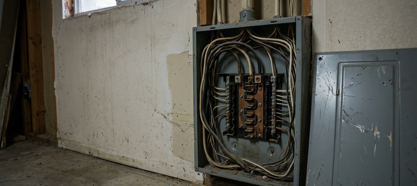 floor level breaker panel open with cover set aside in orem