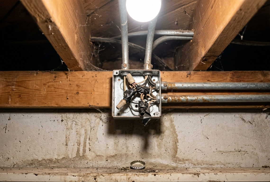 open junction box with taped splice on orem ut basement ceiling